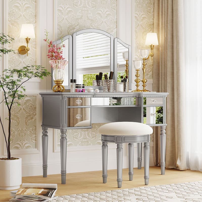 43" Dressing Table Set with Mirrored Drawers and Stool, Trifold Mirror